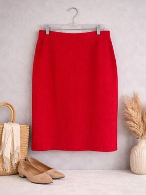 Vintage Barisal Red Linen Pencil Skirt Women’s Size 42 High Waist Midi Classic